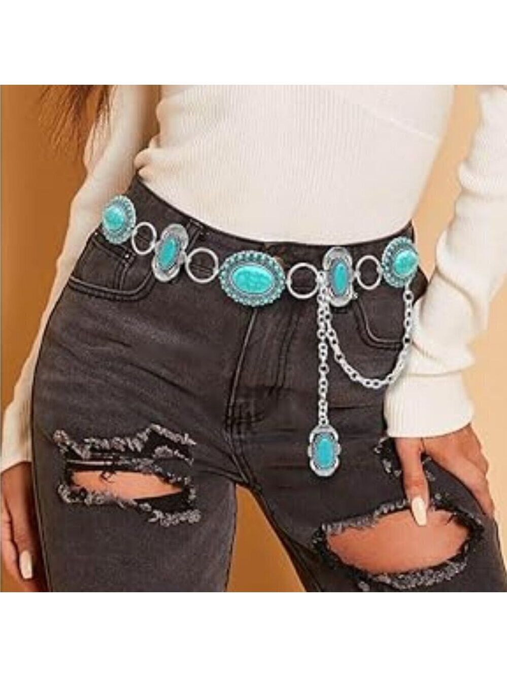 Turquoise Concho Belt for Women Silver Western Chain Belt, Cowgirl Country belt